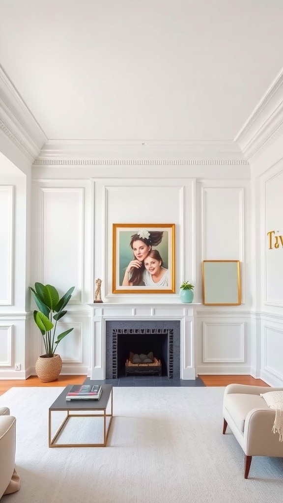 Stylish living room featuring crown molding and wainscoting combination.