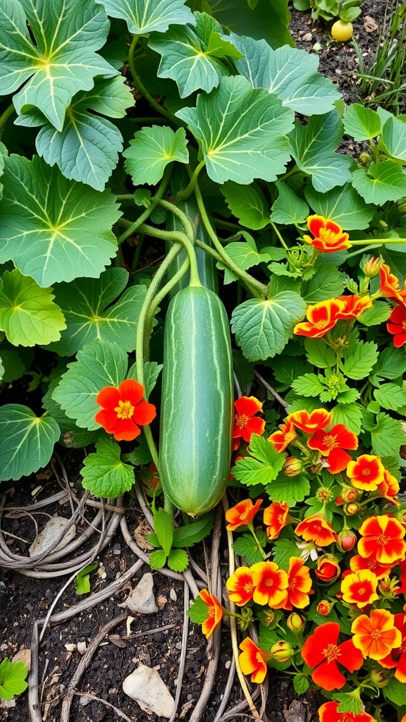 Cucumber plant surrounded by colorful nasturtium flowers in a garden