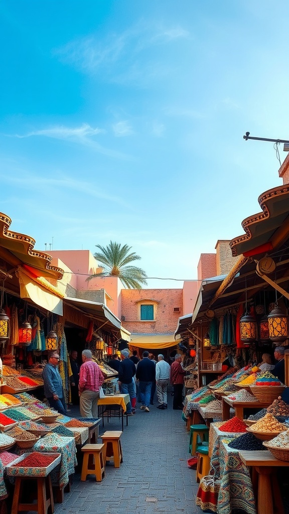 A bustling market in Morocco filled with colorful spices and lanterns, showcasing local culture.