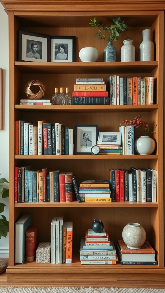 A wooden bookshelf with a mix of books, decorative items, and photos, showcasing a personal touch.
