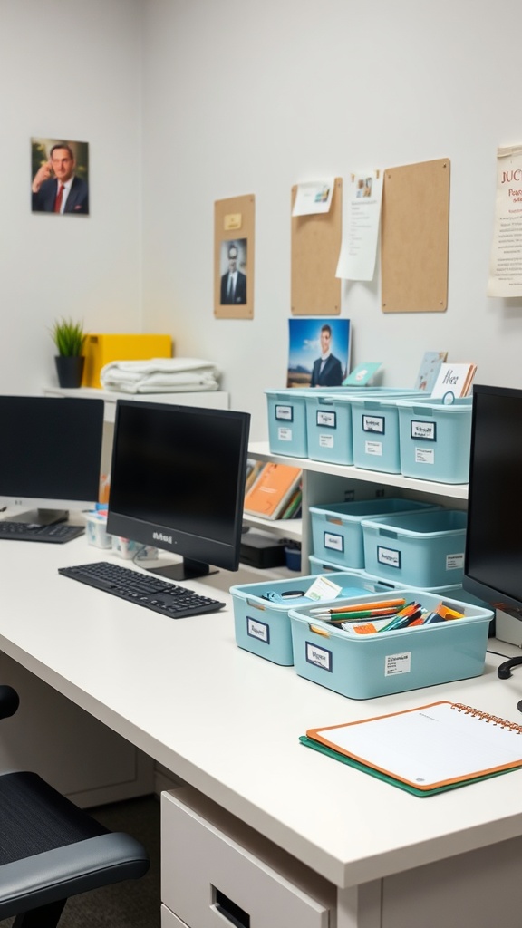 A neatly organized office desk with labeled storage bins and supplies.