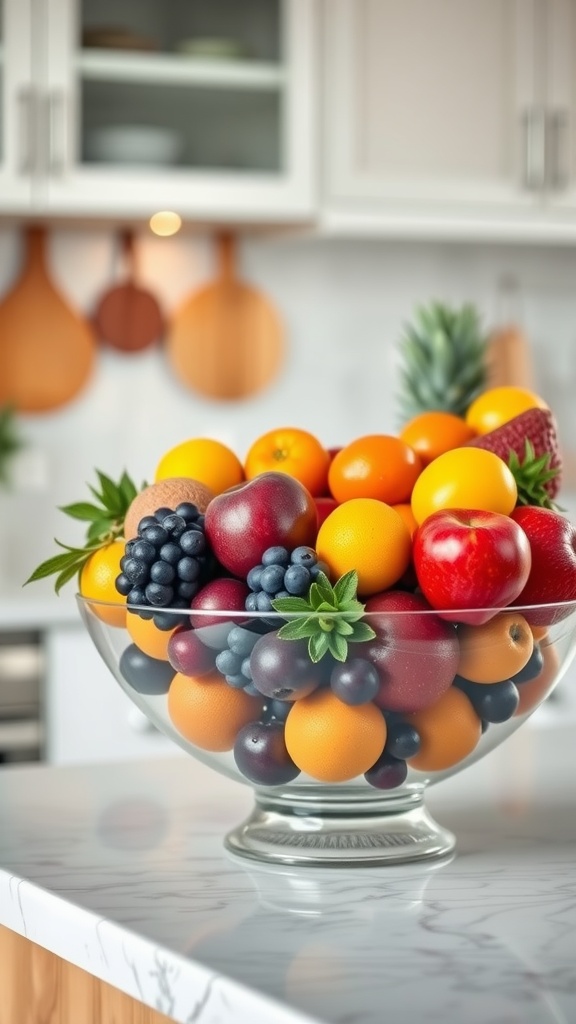 A decorative fruit bowl filled with a variety of fruits on a kitchen counter.