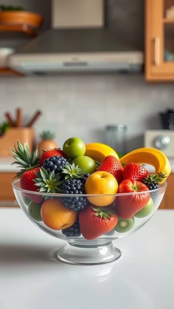 A glass bowl filled with various colorful fruits on a kitchen counter.