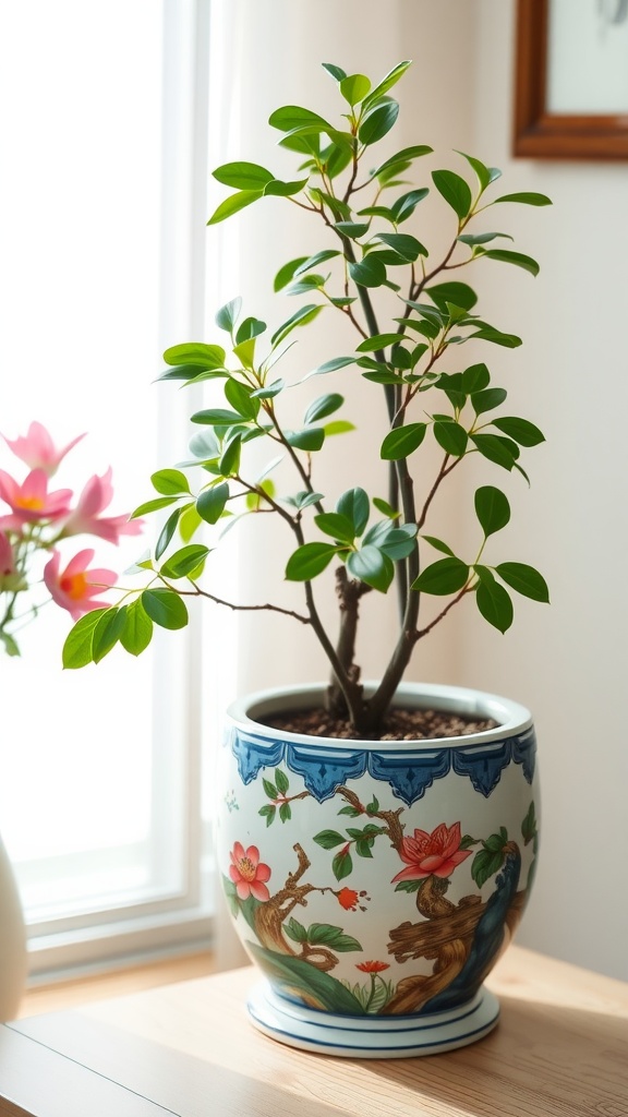 A decorative jade plant pot featuring intricate floral designs and a jade plant in a bright room.