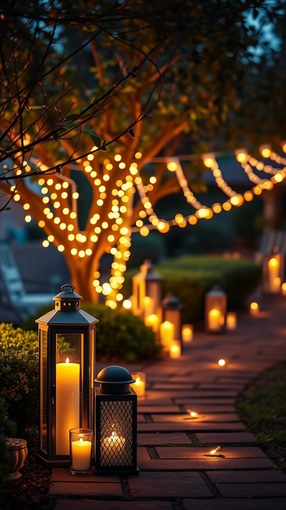 A beautifully lit backyard pathway with decorative lanterns and string lights in the trees.