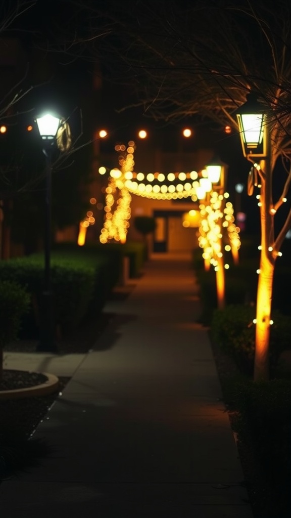 A beautifully lit pathway at night with decorative lights and lanterns