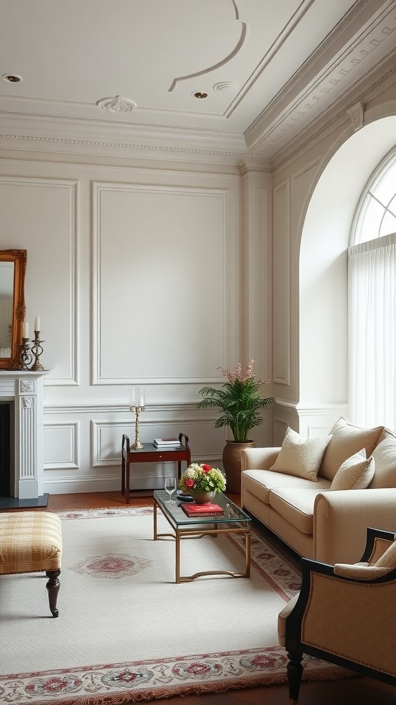 A stylish living room featuring decorative molding wainscoting.