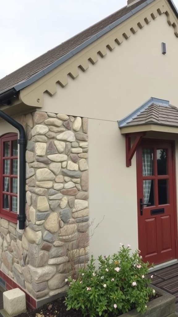 17 Cozy Cottage Exterior Ideas For Inviting Curb Appeal 31 A cozy cottage exterior featuring decorative stone accents on one side and a red door