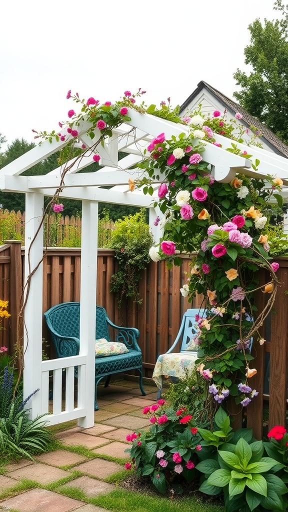17 Cozy Cottage Exterior Ideas For Inviting Curb Appeal 29 A charming white garden arbor covered in flowers, with two blue chairs nearby in a cozy garden setting.