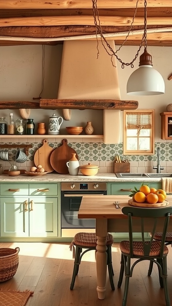 A cozy kitchen featuring a desert-inspired color palette with mint green cabinets, wooden shelves, and earthy decor.