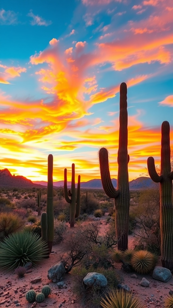 Desert landscape in Arizona at sunset with cacti and colorful sky.