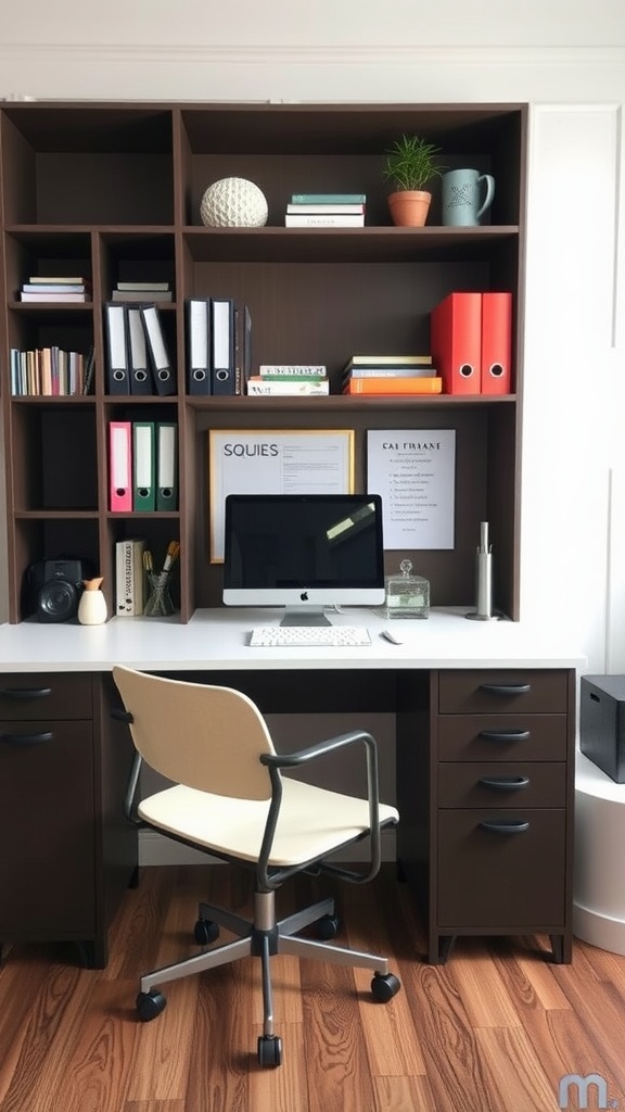 A modern desk with built-in storage and organized shelves.