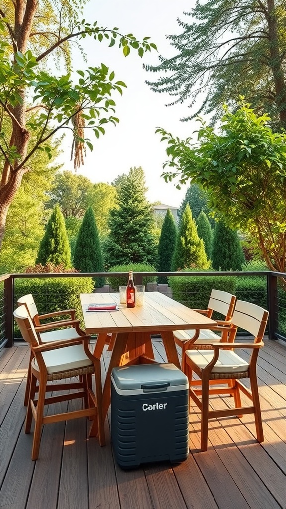 Dining set with built-in cooler on a deck surrounded by greenery