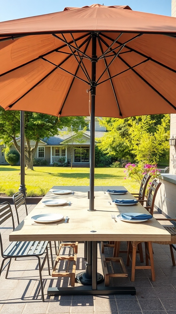 Outdoor dining table with an umbrella, surrounded by chairs and green scenery.