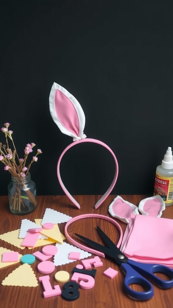 A crafting setup showing DIY bunny ears headbands with scissors, glue, and colorful foam shapes.