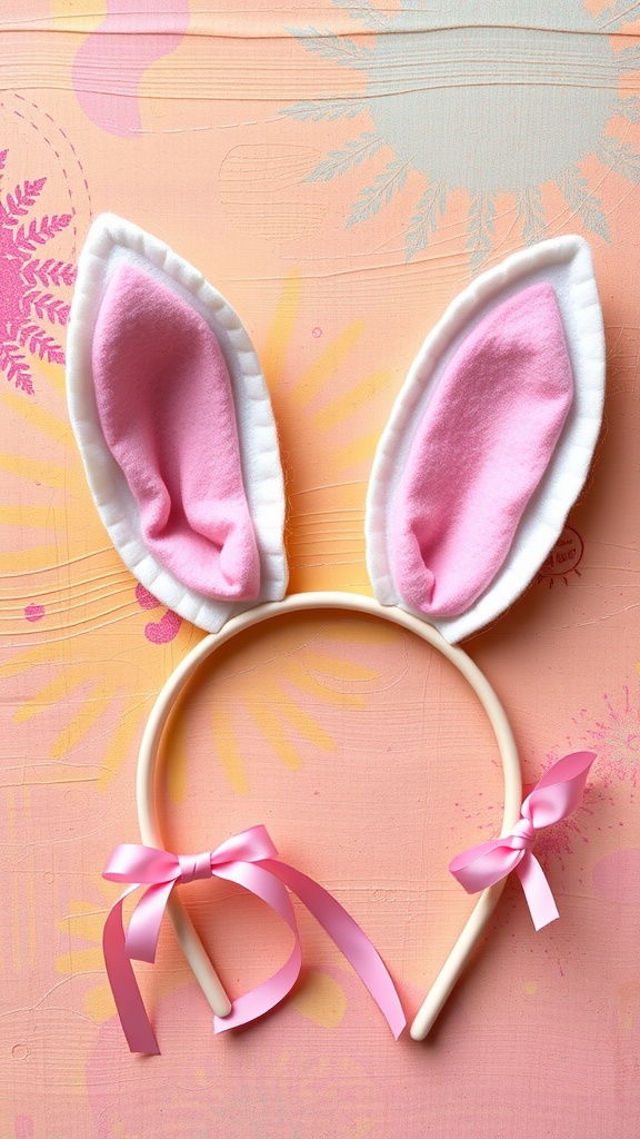 A headband with pink and white bunny ears, decorated with pink ribbons, set against a colorful background.