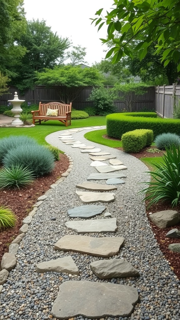 A beautiful garden pathway made of stones and gravel, surrounded by lush greenery.