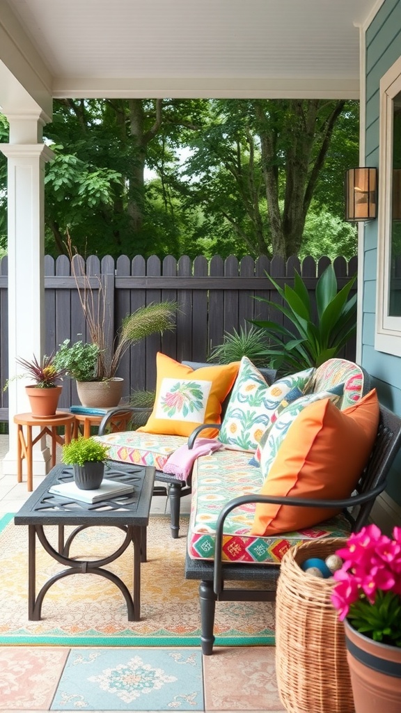 Colorful outdoor seating area with cushions and plants