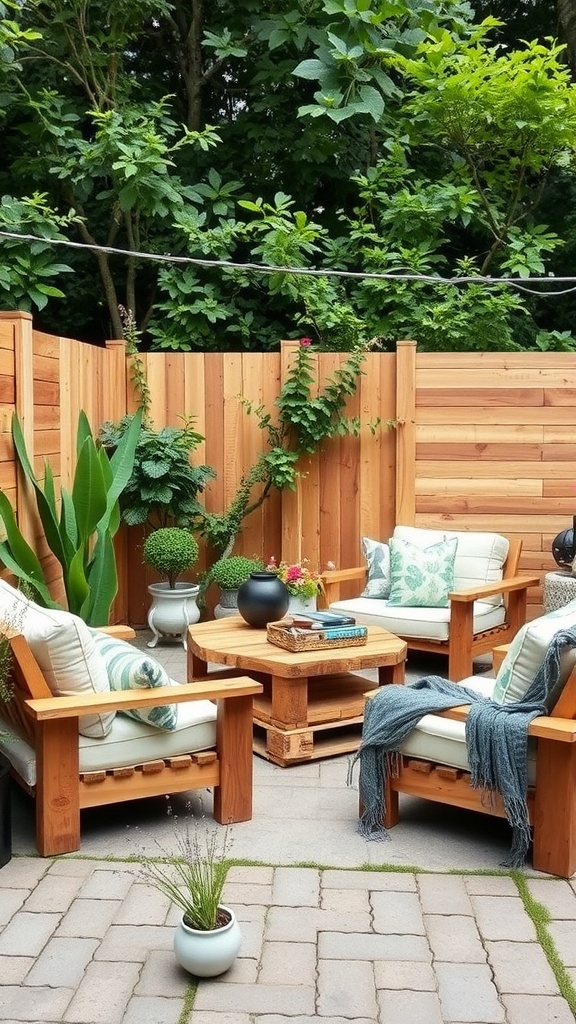 Cozy outdoor seating area featuring DIY pallet furniture with cushions and plants.