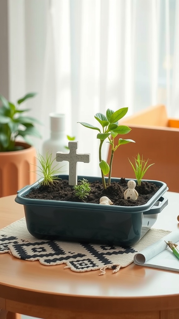 A DIY Resurrection Garden with plants, soil, a cross, and decorative figures.