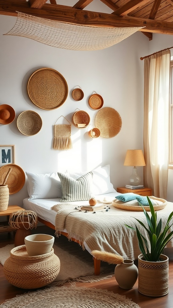 A cozy bedroom featuring earthy accessories like woven baskets, neutral tones, and potted plants.