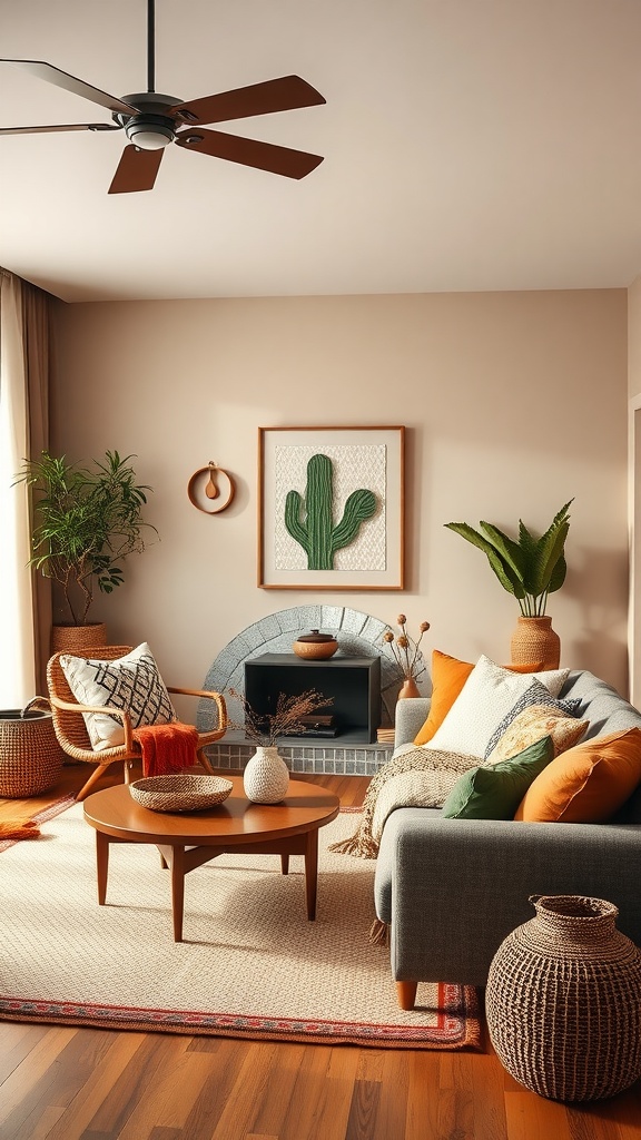 A modern boho living room featuring earthy color palettes with plants, textured cushions, and a cozy atmosphere.