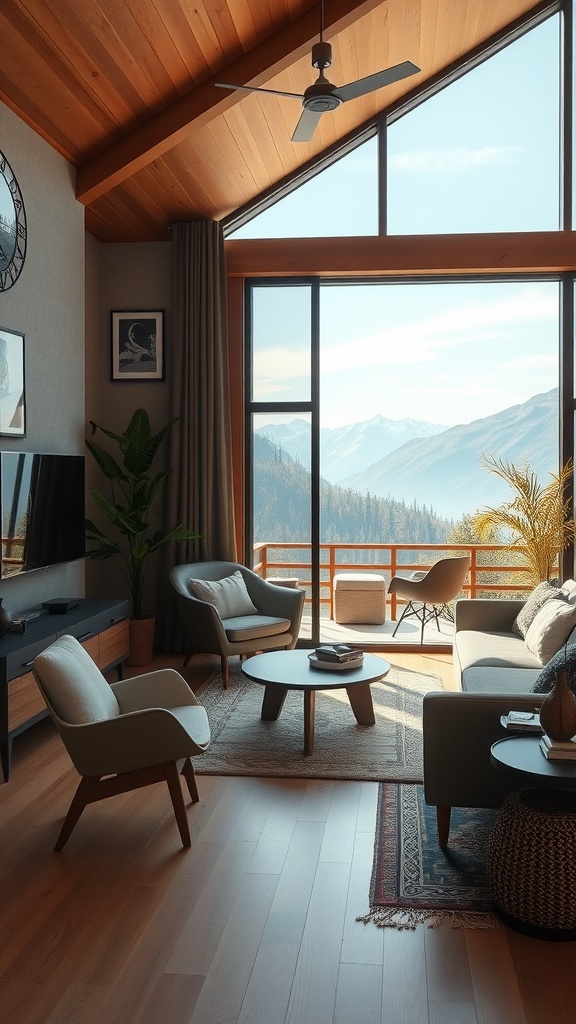 A modern living room featuring earthy tones, mid-century modern furniture, and large windows with mountain views.