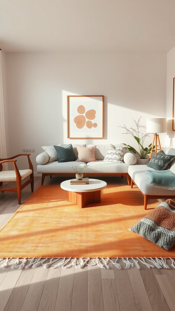 A bright orange boho rug in a cozy living room with a light-colored sofa and various textured pillows.