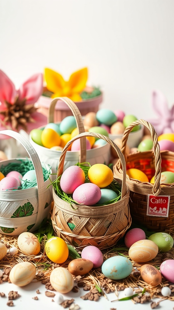 Colorful Easter baskets filled with eggs made from recycled materials