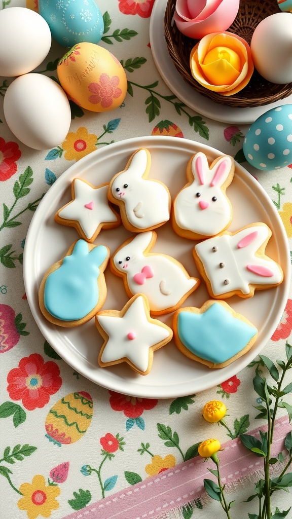 7 Delicious Easter Recipes You’Ll Want To Make 11 A plate of colorful Easter butter cookies shaped like bunnies and stars.