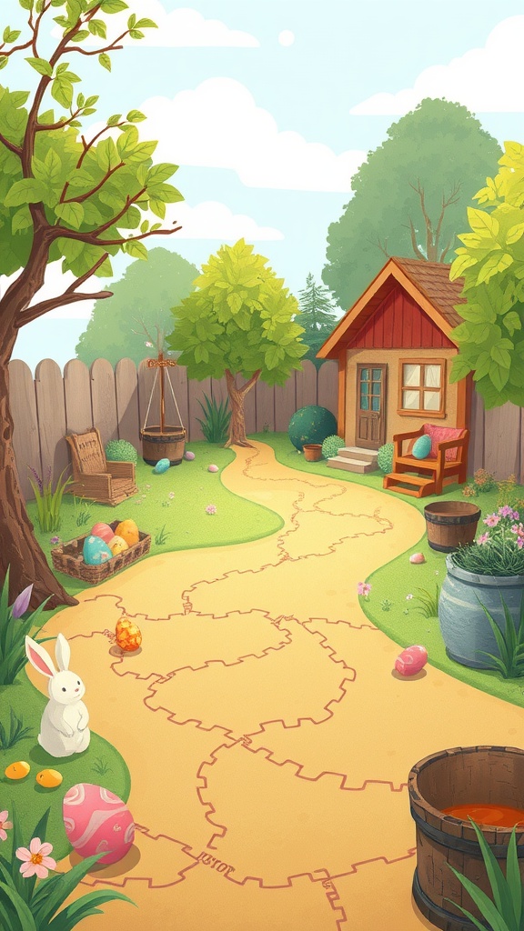 A colorful backyard scene featuring a pathway, a bunny, and Easter eggs scattered around.