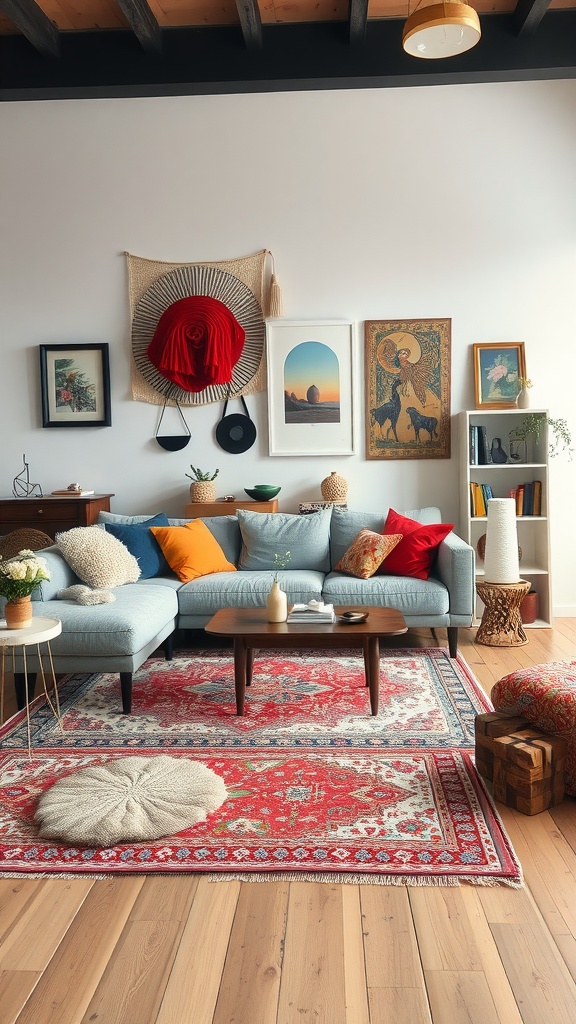 A cozy living room with a light grey couch, colorful cushions, and eclectic decor.