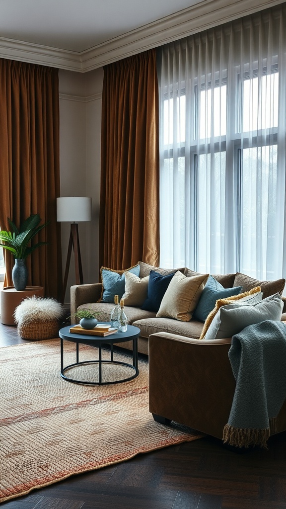 A cozy living room featuring a mix of textures with cushions, curtains, and rugs.