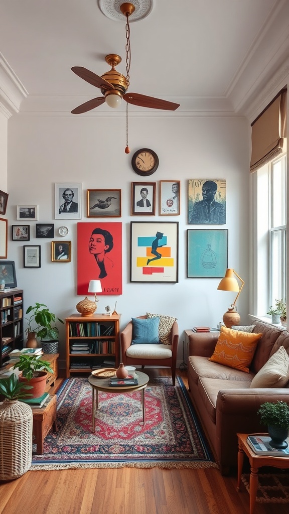 A cozy eclectic living room featuring a mix of art, furniture, and plants.