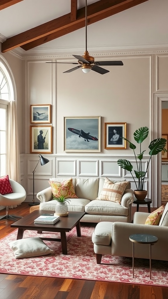 A stylish living room featuring eclectic wainscoting with a cozy seating arrangement.