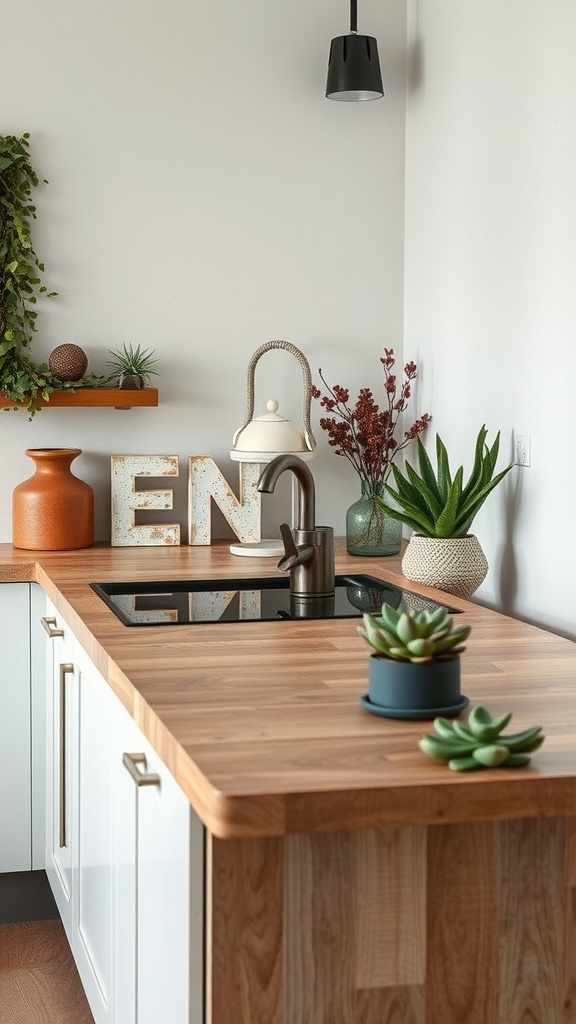 A modern kitchen with a wooden countertop and plants, showcasing eco-friendly design.