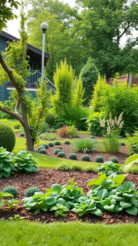 A beautifully landscaped garden featuring both ornamental plants and edible crops.