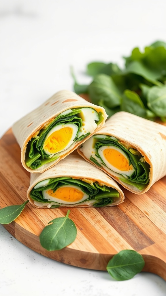 Egg and Spinach Breakfast Wrap on a wooden cutting board