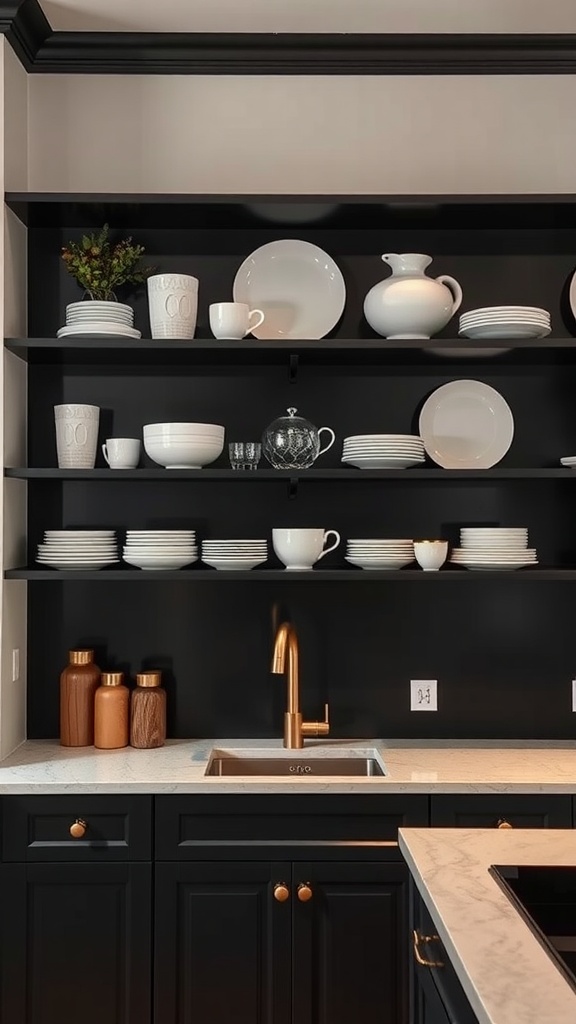 A stylish black kitchen featuring open shelving with white dishware, a modern sink, and wooden containers.