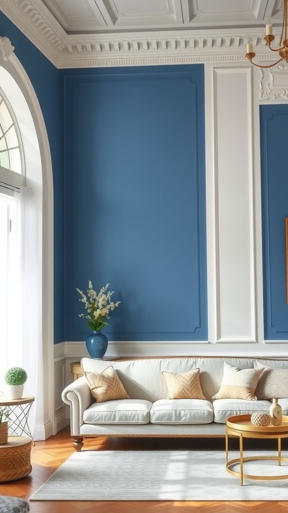 Elegant blue and white room with a traditional chair rail and a cozy sofa