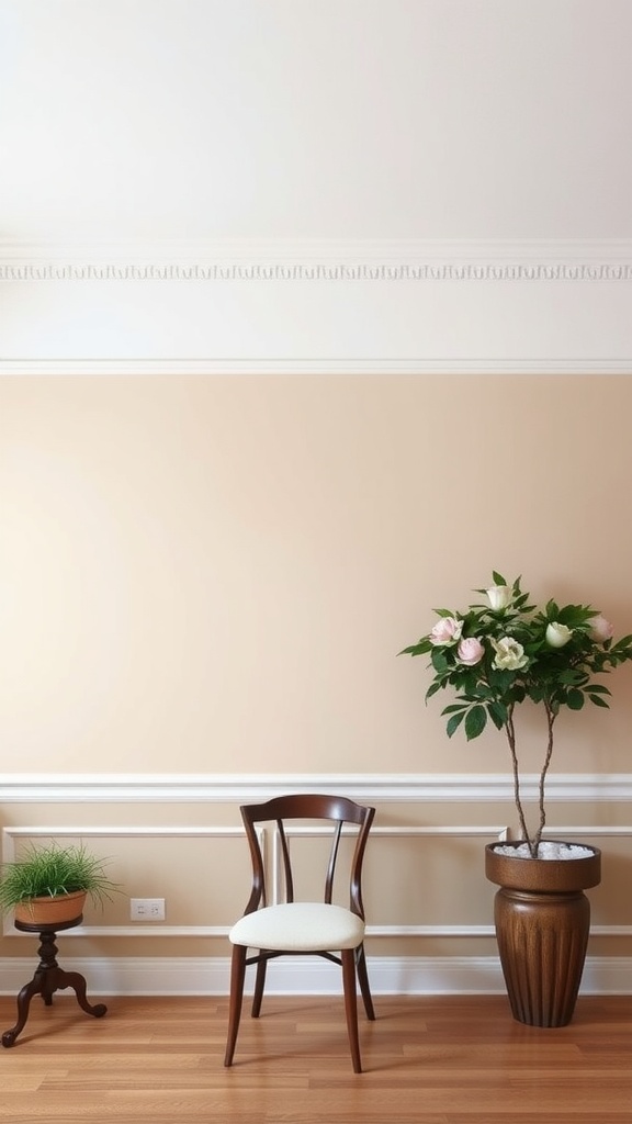 A room with soft neutral walls, a chair rail, a wooden chair, a plant, and flowers in a pot.