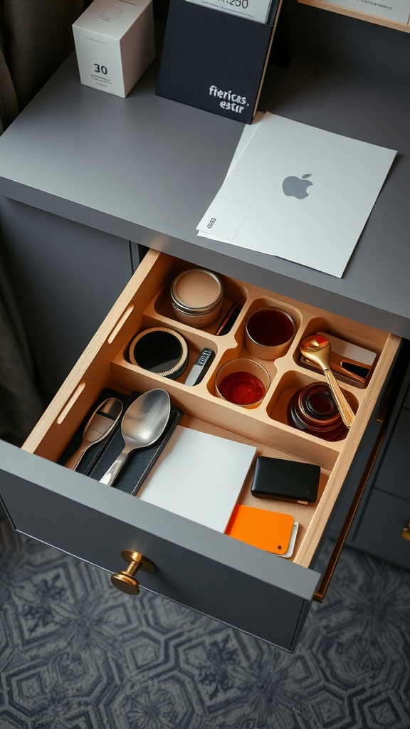 A well-organized office drawer with wooden dividers separating various items.