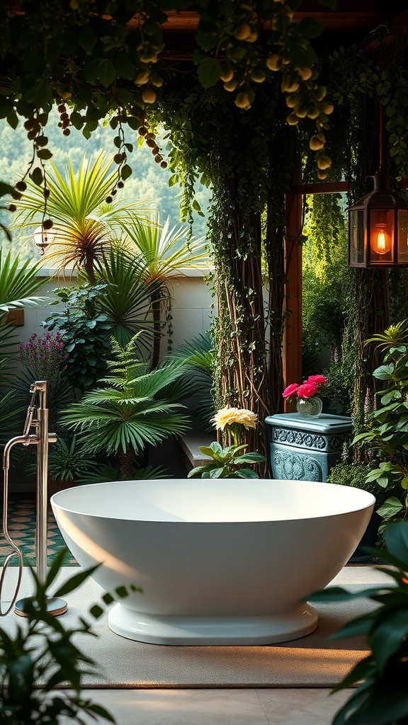 A serene outdoor bathroom featuring a sleek freestanding bathtub surrounded by lush greenery and vibrant flowers.