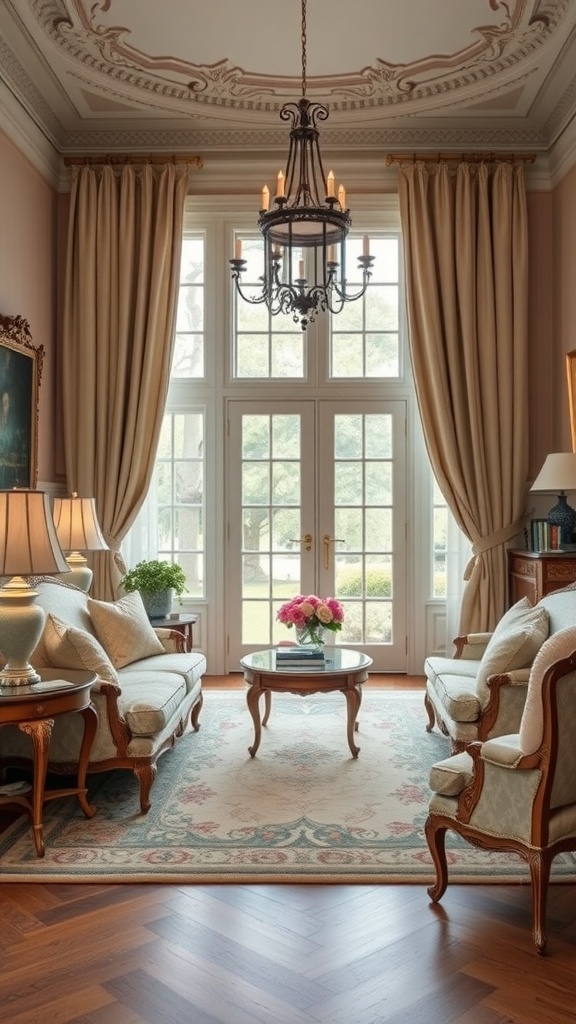 A French Provincial style living room featuring comfortable sofas, a round coffee table, large windows, and elegant decor.