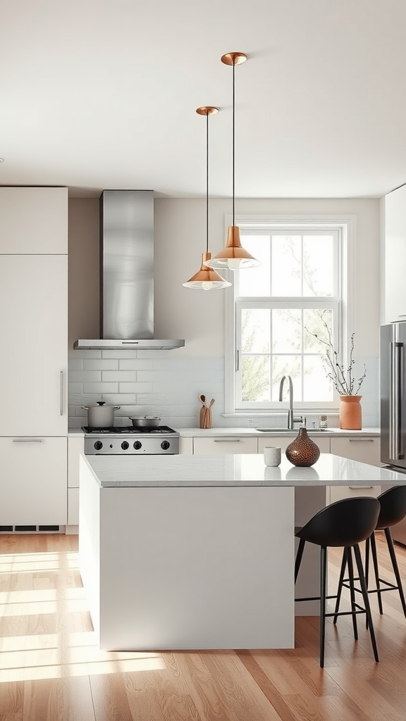 A bright and modern Japandi style kitchen featuring copper pendant lights above a white kitchen island.