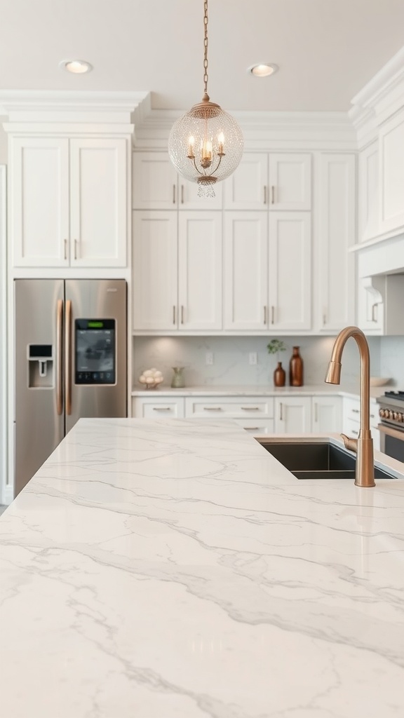 A modern kitchen featuring a quartz countertop with light swirling patterns, white cabinetry, and a stylish pendant light.