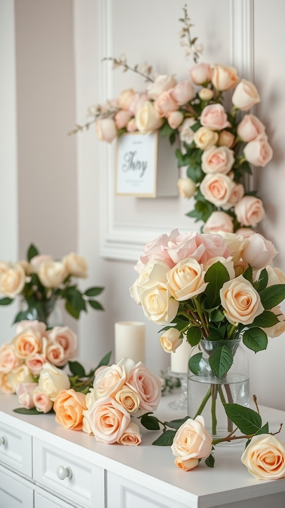 Corner display of peach and cream roses in a vase with scattered blooms on a white dresser.