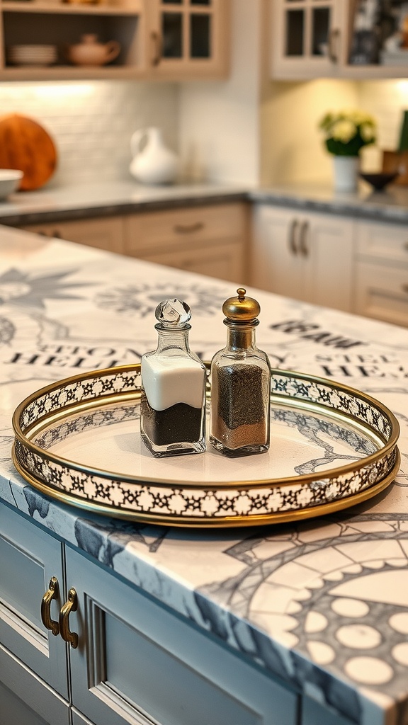 A stylish serving tray with salt and pepper shakers on a kitchen counter.