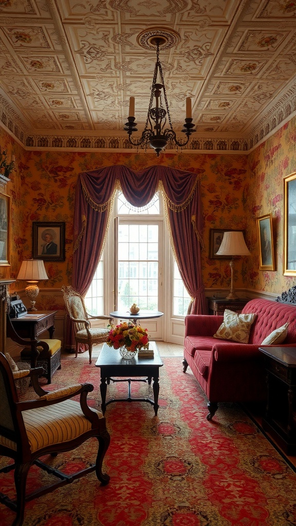 A Victorian style living room featuring a plush red sofa, floral wallpaper, and elegant furnishings.