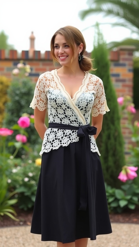 A woman wearing a crochet wrap top and a flowy midi skirt in a garden setting.